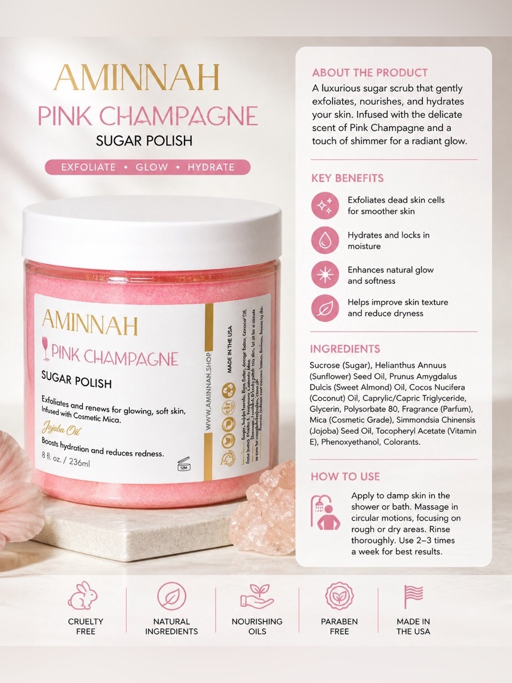 Aminnah Pink Champagne Sugar Scrub 🍾✨ Glow-Boosting Exfoliating Polish 8oz